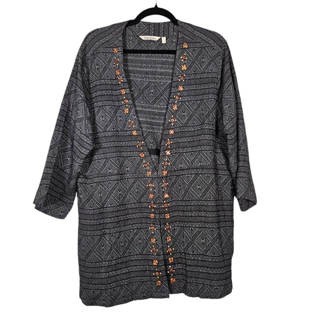 Soft‎ Surroundings Top Women 2X Gray Beatrice Topper Kimono Wood Beads Art Linen